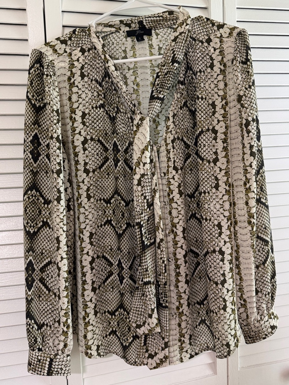 J. Crew Snake Print Tie-Neck Blouse in Olive, Cream & Black
